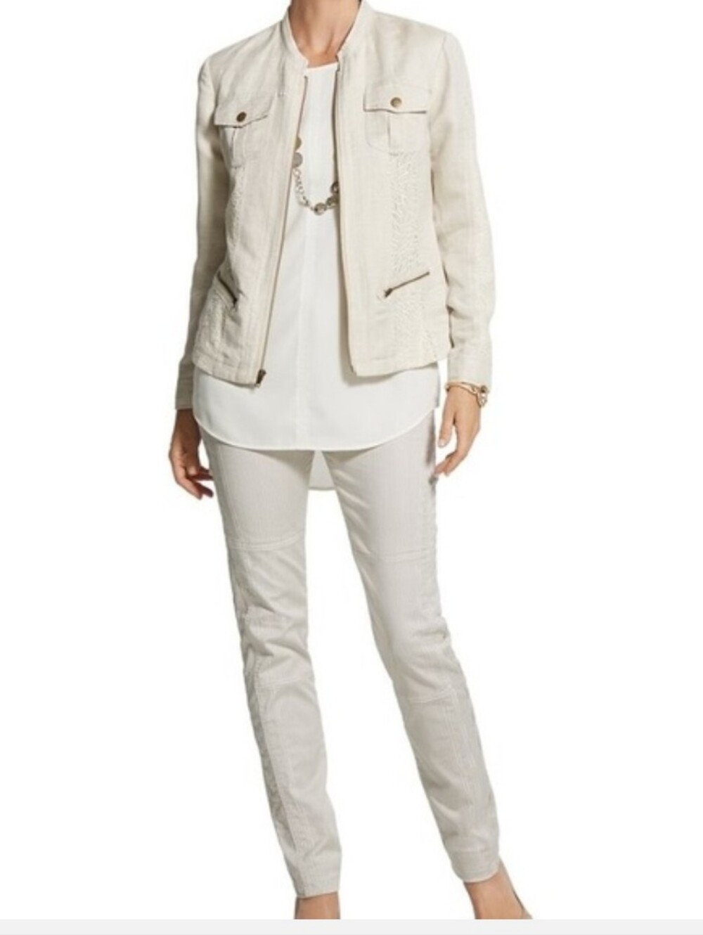 NWT,Chico's Women's Flax Pattern Linen/Lace Mix Utility Jacket,Size 3.